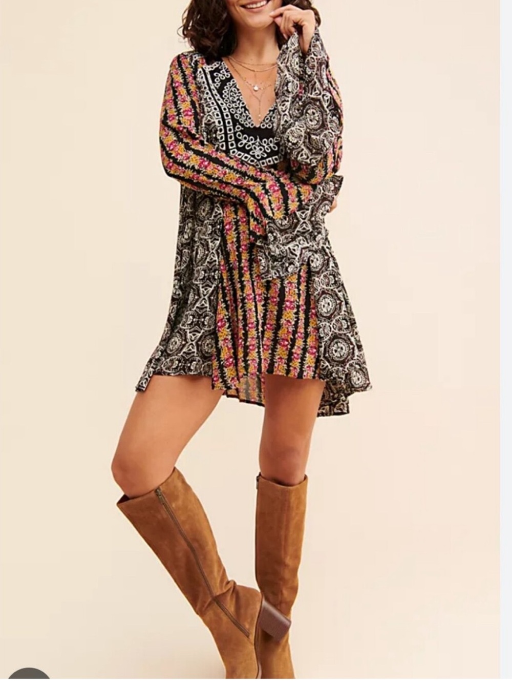 Free People Fallin Into You Tunic Dress  Black Combo Womens L Bell Sleeve Boho - Picture 14 of 14